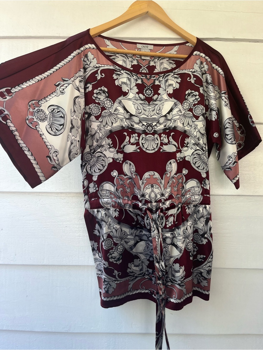 Cache Vintage 90s  Burgundy and Blush Printed Tie-Waist Top 100% Silk Y2K  S